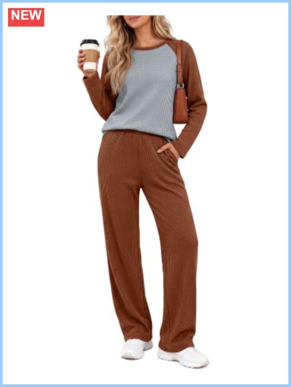 Waffle Knit 2 Piece Lounge Set Raglan Top Wide Leg Pants Pockets